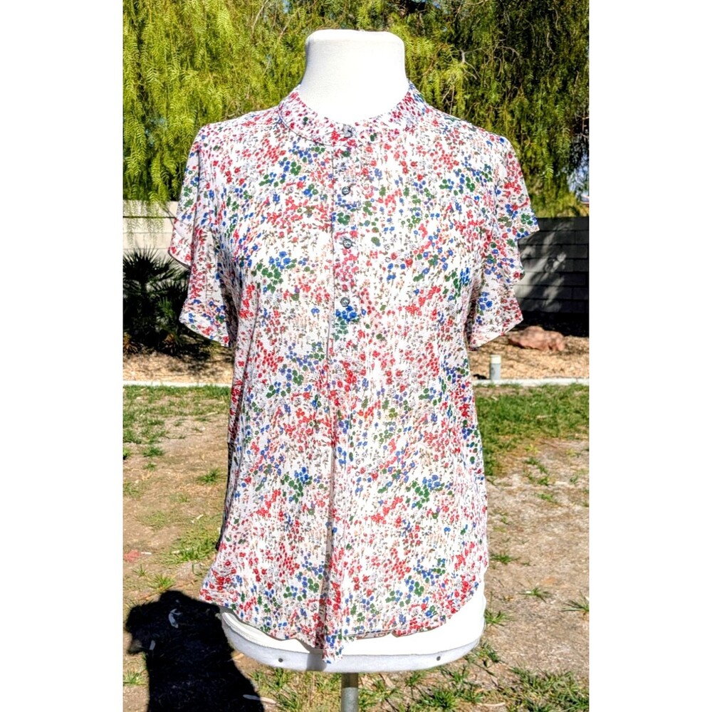 Amang NY Womens Med Floral Print 4-Button Sheer Flutter S/S Blouse Shirt Top EUC